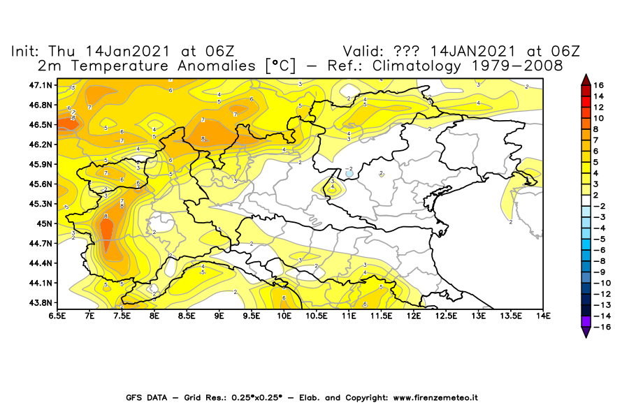 Mappa di analisi GFS - Anomalia Temperatura [°C] a 2 m in Nord-Italia
									del 14/01/2021 06 <!--googleoff: index-->UTC<!--googleon: index-->