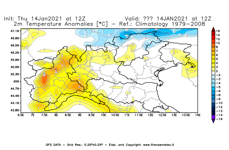 Mappa di analisi GFS - Anomalia Temperatura [°C] a 2 m in Nord-Italia
									del 14/01/2021 12 <!--googleoff: index-->UTC<!--googleon: index-->