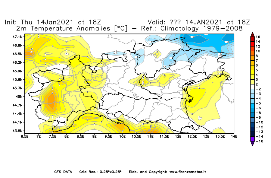 Mappa di analisi GFS - Anomalia Temperatura [°C] a 2 m in Nord-Italia
									del 14/01/2021 18 <!--googleoff: index-->UTC<!--googleon: index-->