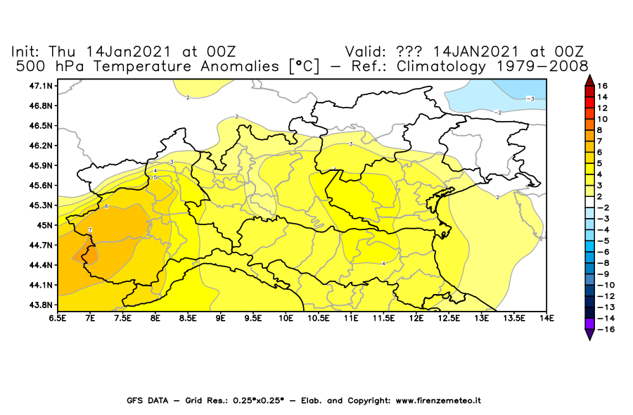 Mappa di analisi GFS - Anomalia Temperatura [°C] a 500 hPa in Nord-Italia
							del 14/01/2021 00 <!--googleoff: index-->UTC<!--googleon: index-->