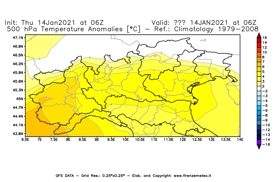 Mappa di analisi GFS - Anomalia Temperatura [°C] a 500 hPa in Nord-Italia
							del 14/01/2021 06 <!--googleoff: index-->UTC<!--googleon: index-->