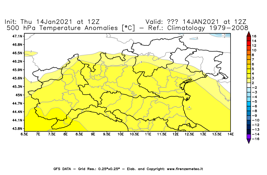 Mappa di analisi GFS - Anomalia Temperatura [°C] a 500 hPa in Nord-Italia
							del 14/01/2021 12 <!--googleoff: index-->UTC<!--googleon: index-->