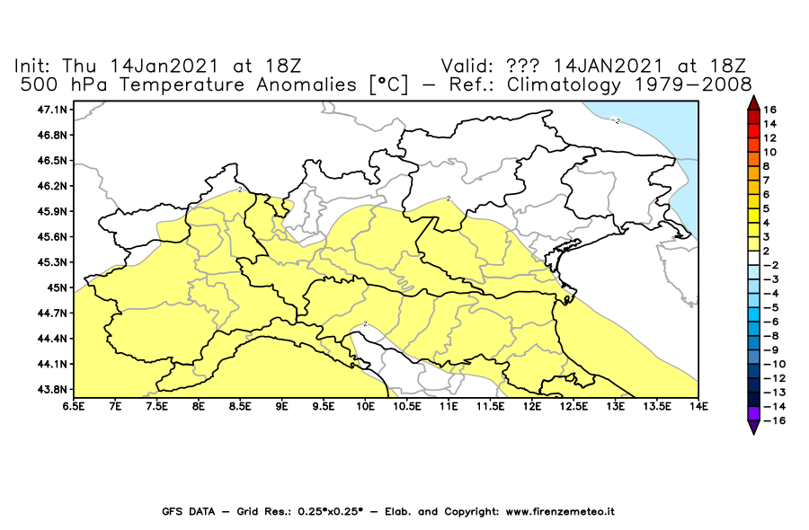 Mappa di analisi GFS - Anomalia Temperatura [°C] a 500 hPa in Nord-Italia
									del 14/01/2021 18 <!--googleoff: index-->UTC<!--googleon: index-->