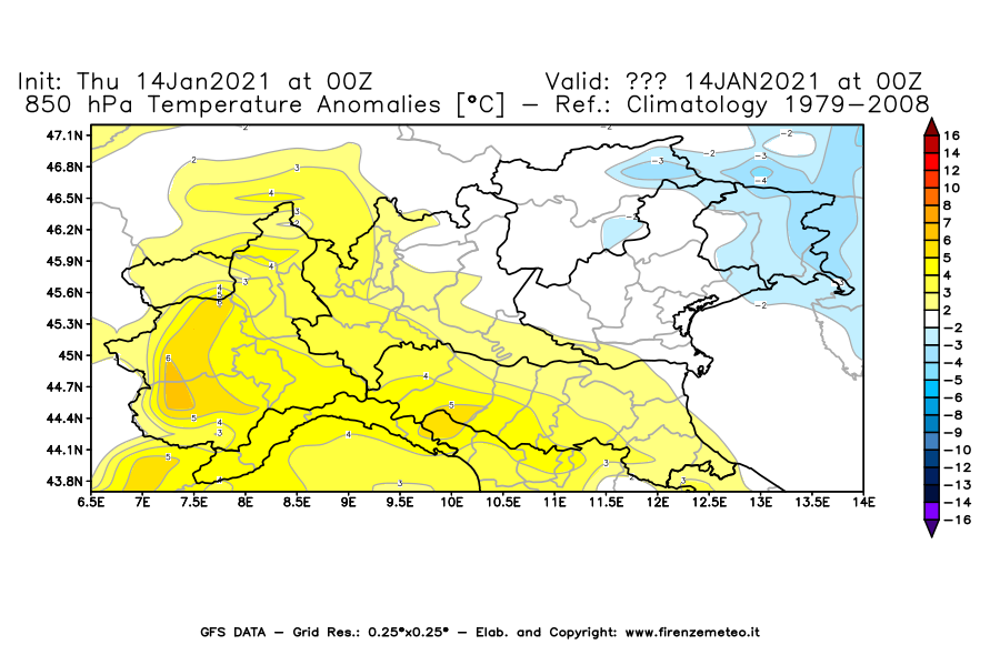 Mappa di analisi GFS - Anomalia Temperatura [°C] a 850 hPa in Nord-Italia
									del 14/01/2021 00 <!--googleoff: index-->UTC<!--googleon: index-->