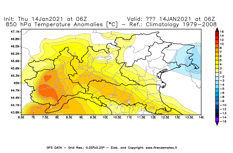 Mappa di analisi GFS - Anomalia Temperatura [°C] a 850 hPa in Nord-Italia
							del 14/01/2021 06 <!--googleoff: index-->UTC<!--googleon: index-->