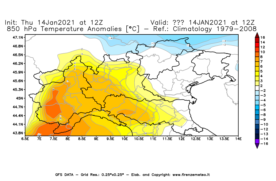 Mappa di analisi GFS - Anomalia Temperatura [°C] a 850 hPa in Nord-Italia
							del 14/01/2021 12 <!--googleoff: index-->UTC<!--googleon: index-->