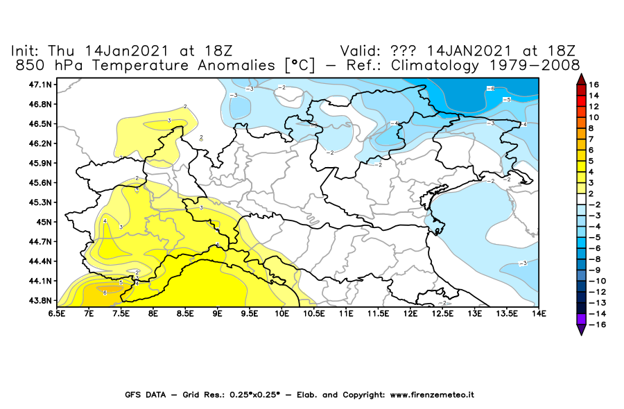 Mappa di analisi GFS - Anomalia Temperatura [°C] a 850 hPa in Nord-Italia
							del 14/01/2021 18 <!--googleoff: index-->UTC<!--googleon: index-->