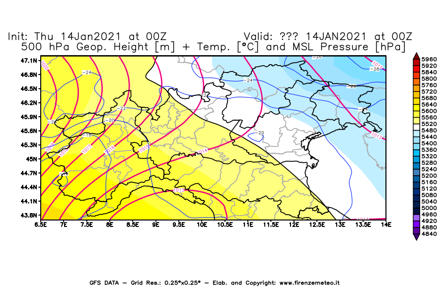 Mappa di analisi GFS - Geopotenziale [m] + Temp. [°C] a 500 hPa + Press. a livello del mare [hPa] in Nord-Italia
									del 14/01/2021 00 <!--googleoff: index-->UTC<!--googleon: index-->