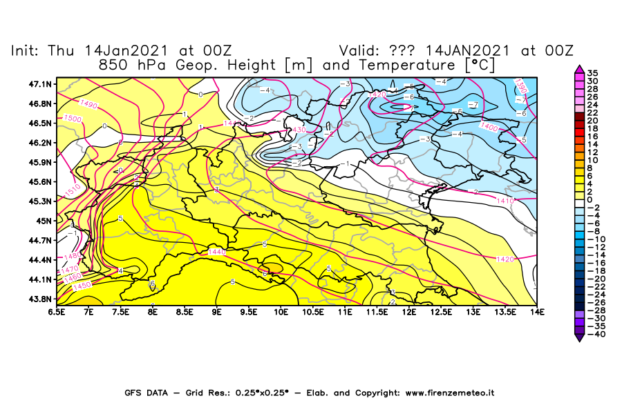 Mappa di analisi GFS - Geopotenziale [m] e Temperatura [°C] a 850 hPa in Nord-Italia
							del 14/01/2021 00 <!--googleoff: index-->UTC<!--googleon: index-->