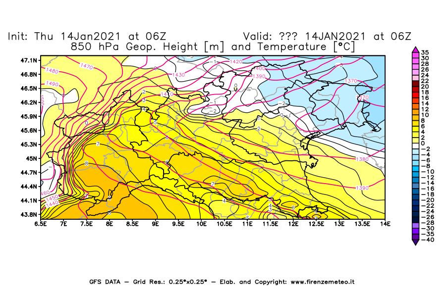 Mappa di analisi GFS - Geopotenziale [m] e Temperatura [°C] a 850 hPa in Nord-Italia
									del 14/01/2021 06 <!--googleoff: index-->UTC<!--googleon: index-->