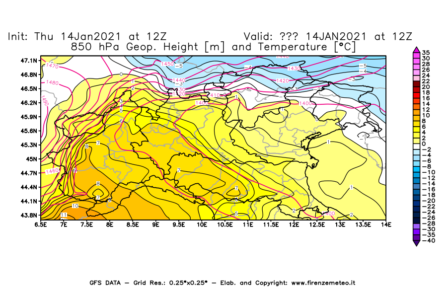Mappa di analisi GFS - Geopotenziale [m] e Temperatura [°C] a 850 hPa in Nord-Italia
									del 14/01/2021 12 <!--googleoff: index-->UTC<!--googleon: index-->