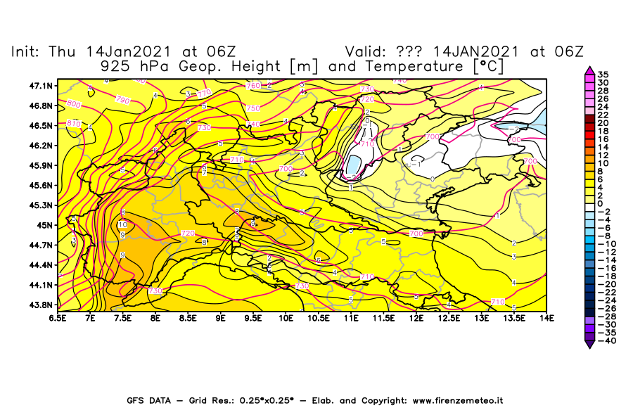 Mappa di analisi GFS - Geopotenziale [m] e Temperatura [°C] a 925 hPa in Nord-Italia
									del 14/01/2021 06 <!--googleoff: index-->UTC<!--googleon: index-->