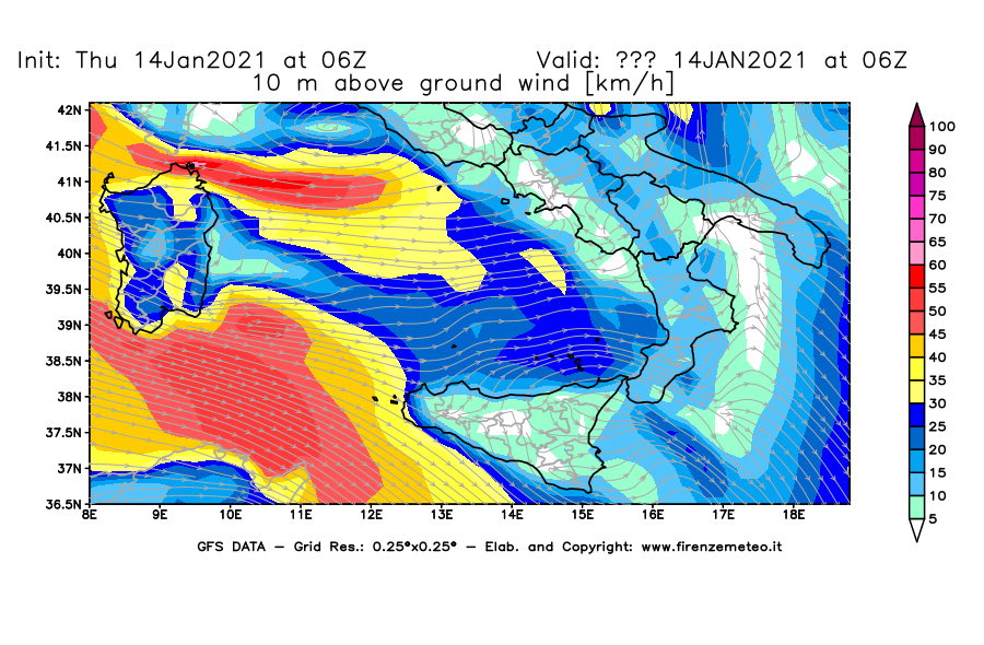 Mappa di analisi GFS - Velocità del vento a 10 metri dal suolo [km/h] in Sud-Italia
							del 14/01/2021 06 <!--googleoff: index-->UTC<!--googleon: index-->