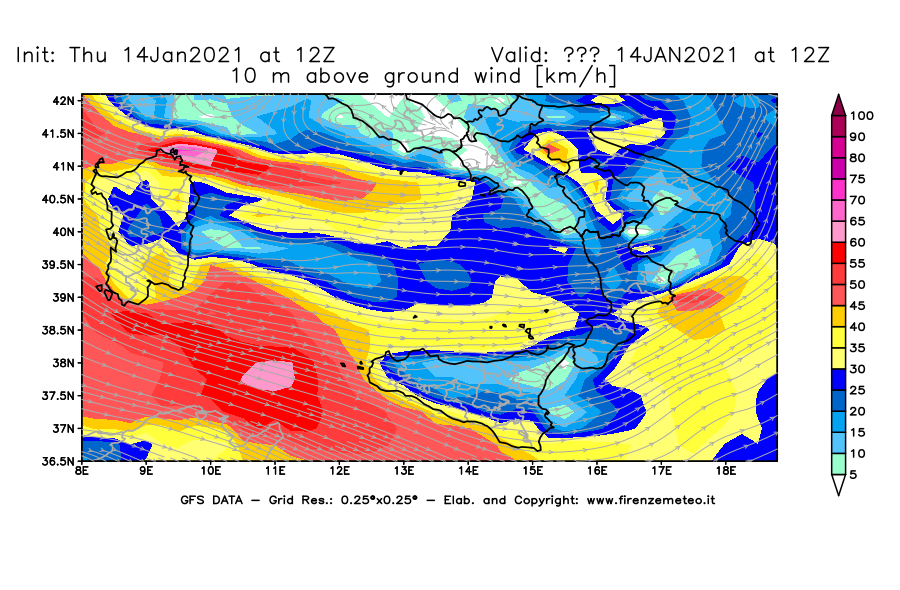 Mappa di analisi GFS - Velocità del vento a 10 metri dal suolo [km/h] in Sud-Italia
									del 14/01/2021 12 <!--googleoff: index-->UTC<!--googleon: index-->
