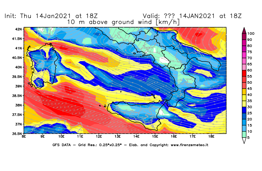 Mappa di analisi GFS - Velocità del vento a 10 metri dal suolo [km/h] in Sud-Italia
							del 14/01/2021 18 <!--googleoff: index-->UTC<!--googleon: index-->