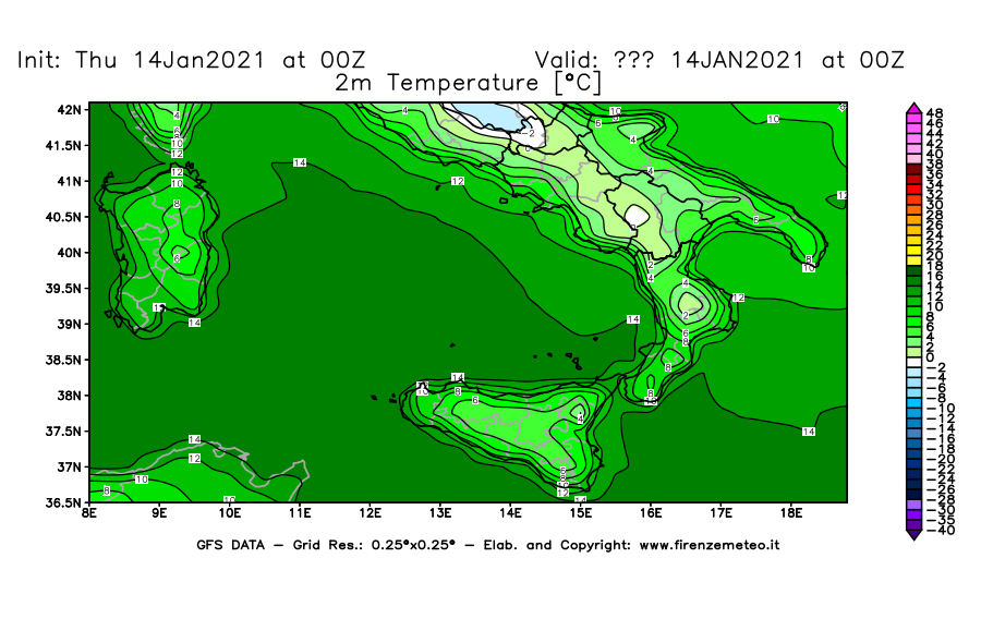 Mappa di analisi GFS - Temperatura a 2 metri dal suolo [°C] in Sud-Italia
							del 14/01/2021 00 <!--googleoff: index-->UTC<!--googleon: index-->