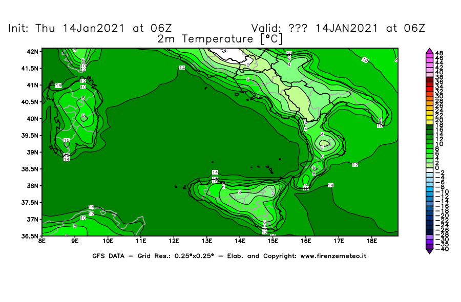 Mappa di analisi GFS - Temperatura a 2 metri dal suolo [°C] in Sud-Italia
									del 14/01/2021 06 <!--googleoff: index-->UTC<!--googleon: index-->