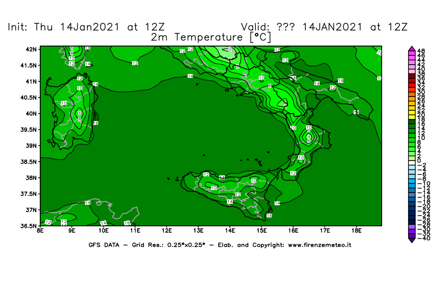 Mappa di analisi GFS - Temperatura a 2 metri dal suolo [°C] in Sud-Italia
							del 14/01/2021 12 <!--googleoff: index-->UTC<!--googleon: index-->