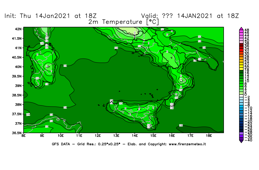 Mappa di analisi GFS - Temperatura a 2 metri dal suolo [°C] in Sud-Italia
									del 14/01/2021 18 <!--googleoff: index-->UTC<!--googleon: index-->