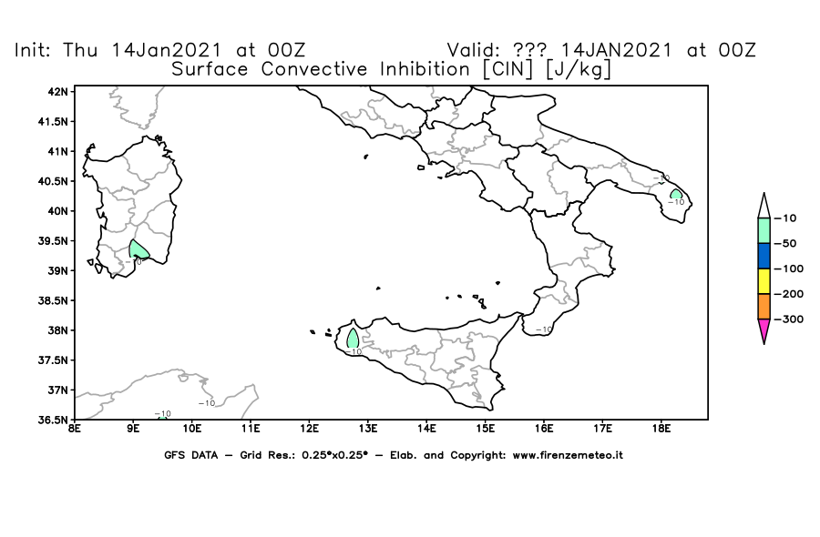 Mappa di analisi GFS - CIN [J/kg] in Sud-Italia
							del 14/01/2021 00 <!--googleoff: index-->UTC<!--googleon: index-->