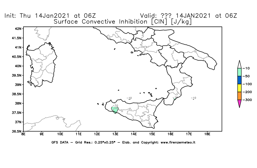 Mappa di analisi GFS - CIN [J/kg] in Sud-Italia
							del 14/01/2021 06 <!--googleoff: index-->UTC<!--googleon: index-->