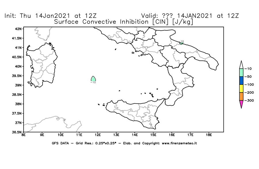 Mappa di analisi GFS - CIN [J/kg] in Sud-Italia
									del 14/01/2021 12 <!--googleoff: index-->UTC<!--googleon: index-->