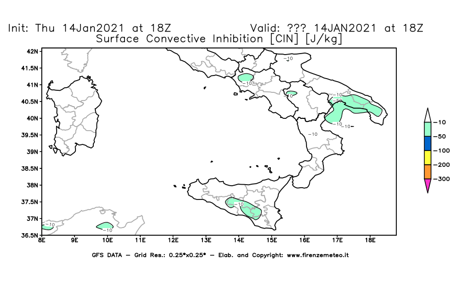 Mappa di analisi GFS - CIN [J/kg] in Sud-Italia
									del 14/01/2021 18 <!--googleoff: index-->UTC<!--googleon: index-->