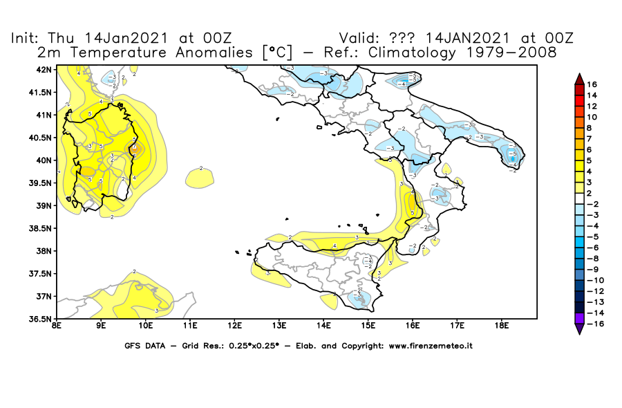 Mappa di analisi GFS - Anomalia Temperatura [°C] a 2 m in Sud-Italia
							del 14/01/2021 00 <!--googleoff: index-->UTC<!--googleon: index-->