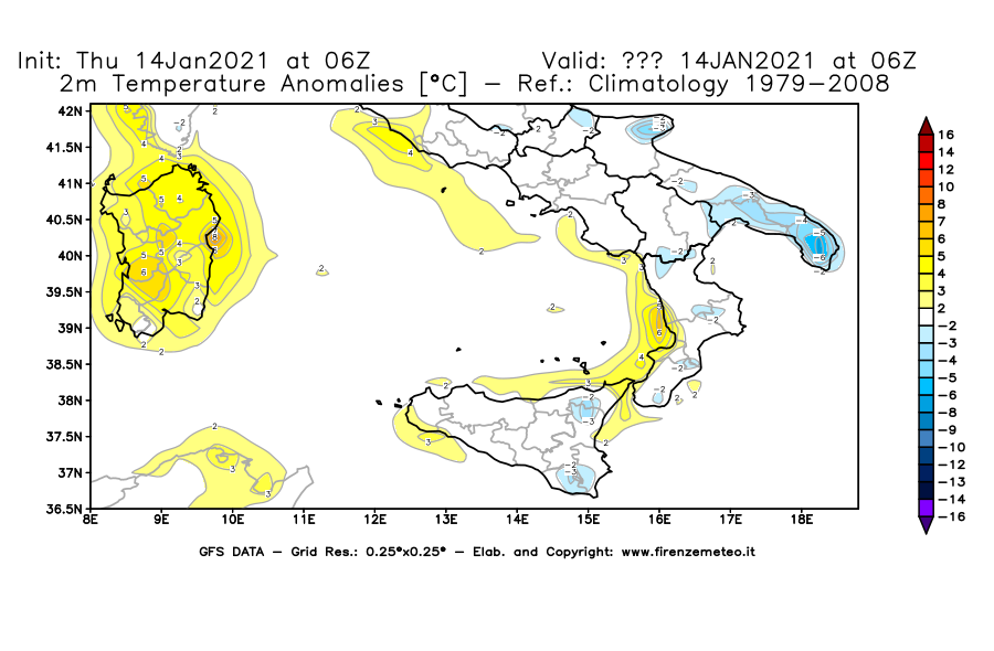 Mappa di analisi GFS - Anomalia Temperatura [°C] a 2 m in Sud-Italia
							del 14/01/2021 06 <!--googleoff: index-->UTC<!--googleon: index-->
