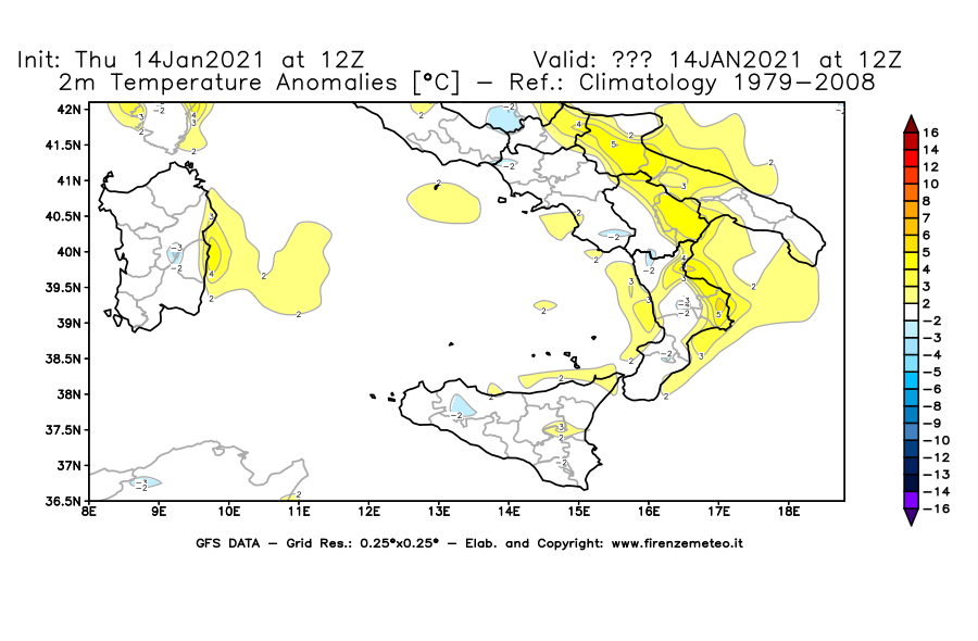 Mappa di analisi GFS - Anomalia Temperatura [°C] a 2 m in Sud-Italia
									del 14/01/2021 12 <!--googleoff: index-->UTC<!--googleon: index-->