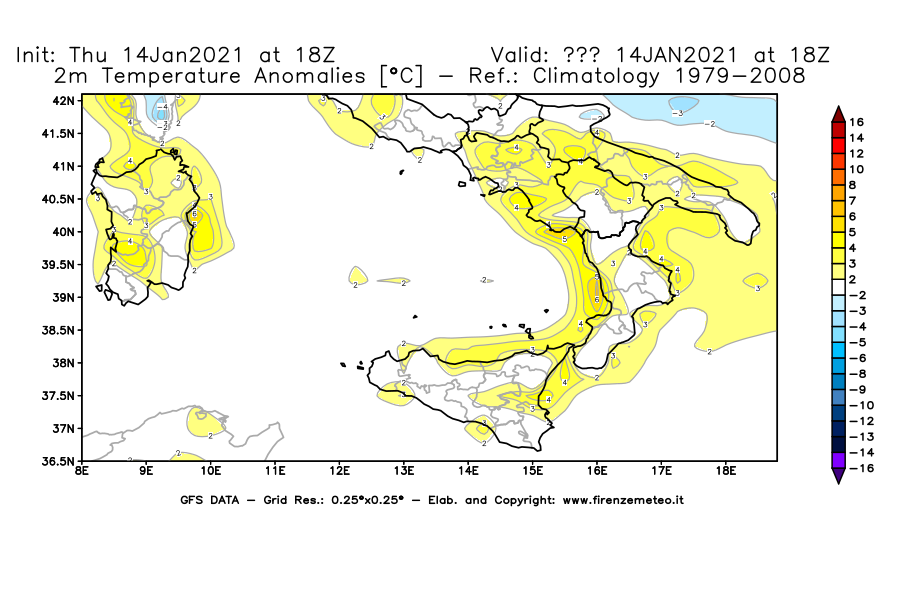 Mappa di analisi GFS - Anomalia Temperatura [°C] a 2 m in Sud-Italia
							del 14/01/2021 18 <!--googleoff: index-->UTC<!--googleon: index-->