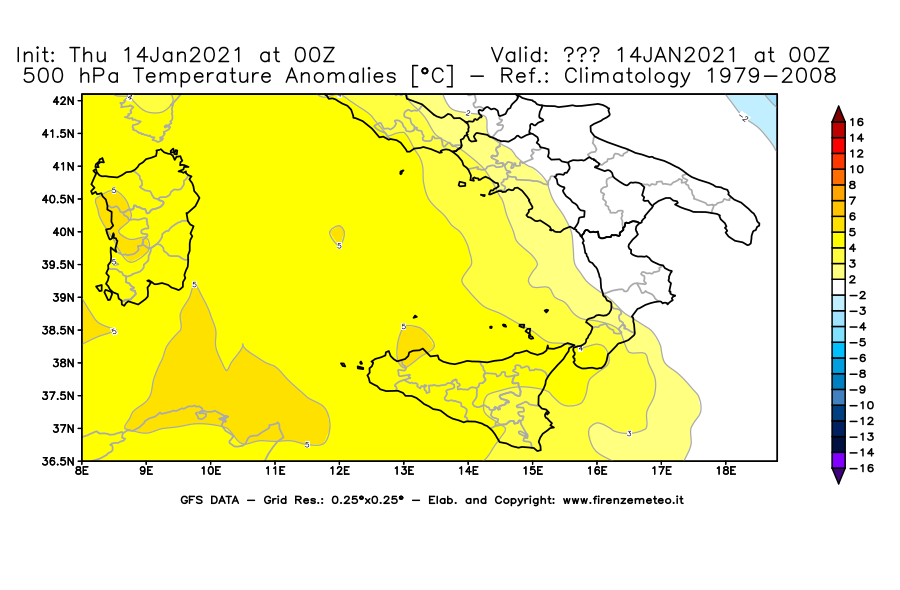 Mappa di analisi GFS - Anomalia Temperatura [°C] a 500 hPa in Sud-Italia
							del 14/01/2021 00 <!--googleoff: index-->UTC<!--googleon: index-->