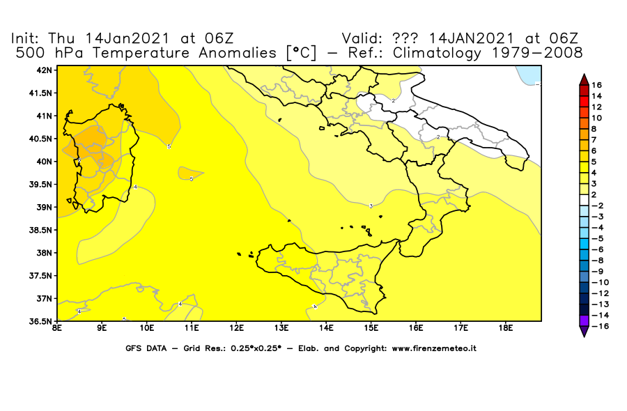 Mappa di analisi GFS - Anomalia Temperatura [°C] a 500 hPa in Sud-Italia
							del 14/01/2021 06 <!--googleoff: index-->UTC<!--googleon: index-->