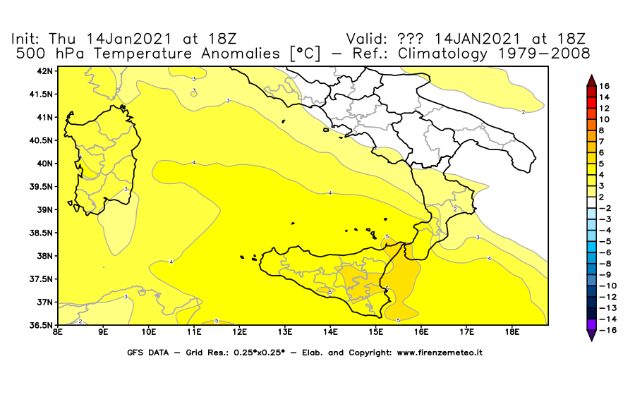 Mappa di analisi GFS - Anomalia Temperatura [°C] a 500 hPa in Sud-Italia
							del 14/01/2021 18 <!--googleoff: index-->UTC<!--googleon: index-->