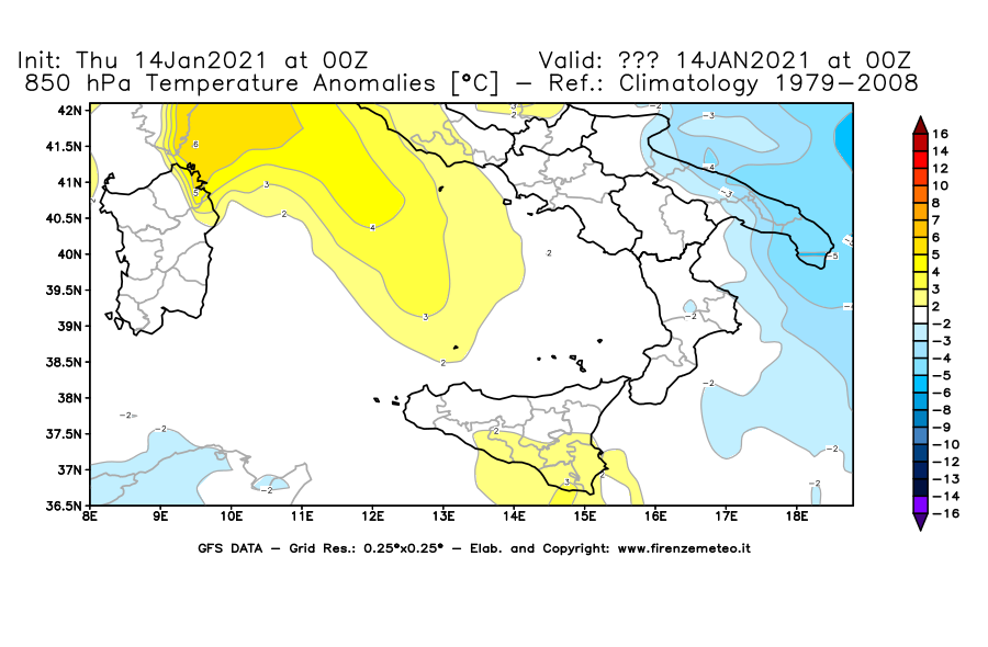 Mappa di analisi GFS - Anomalia Temperatura [°C] a 850 hPa in Sud-Italia
									del 14/01/2021 00 <!--googleoff: index-->UTC<!--googleon: index-->