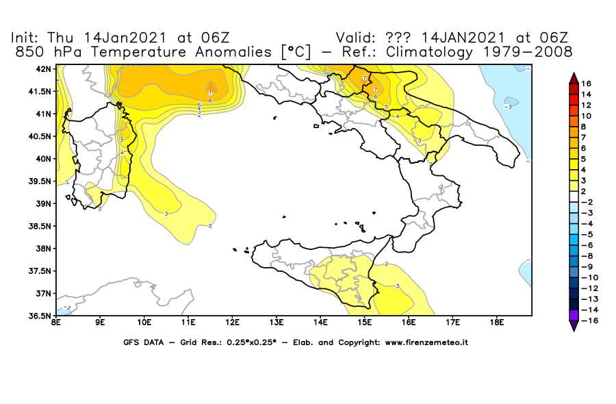 Mappa di analisi GFS - Anomalia Temperatura [°C] a 850 hPa in Sud-Italia
									del 14/01/2021 06 <!--googleoff: index-->UTC<!--googleon: index-->