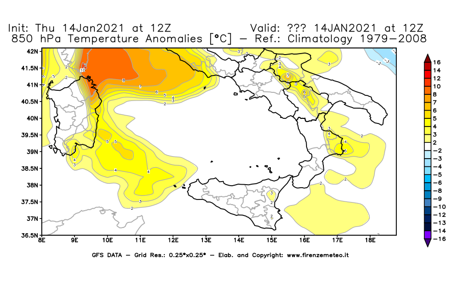 Mappa di analisi GFS - Anomalia Temperatura [°C] a 850 hPa in Sud-Italia
									del 14/01/2021 12 <!--googleoff: index-->UTC<!--googleon: index-->