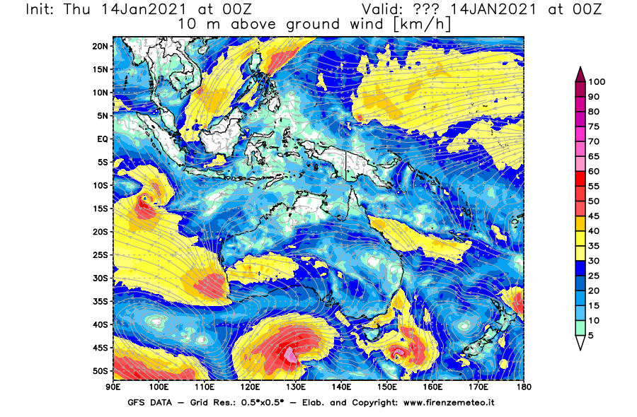 Mappa di analisi GFS - Velocità del vento a 10 metri dal suolo [km/h] in Oceania
							del 14/01/2021 00 <!--googleoff: index-->UTC<!--googleon: index-->