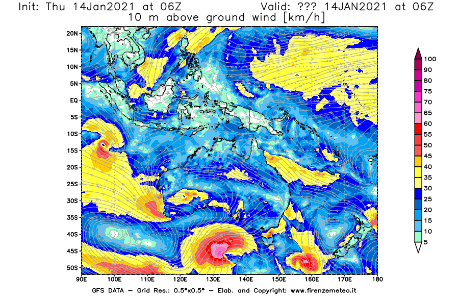 Mappa di analisi GFS - Velocità del vento a 10 metri dal suolo [km/h] in Oceania
									del 14/01/2021 06 <!--googleoff: index-->UTC<!--googleon: index-->