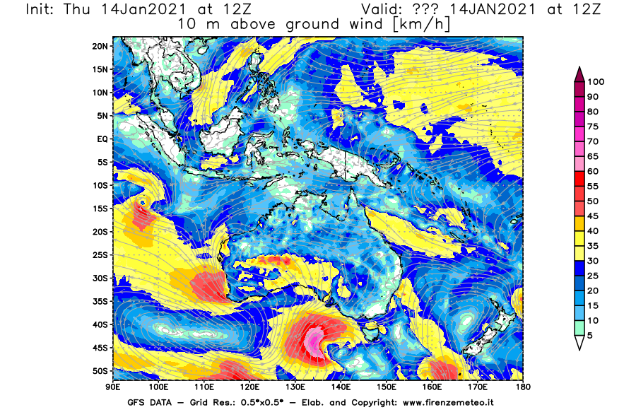 Mappa di analisi GFS - Velocità del vento a 10 metri dal suolo [km/h] in Oceania
									del 14/01/2021 12 <!--googleoff: index-->UTC<!--googleon: index-->