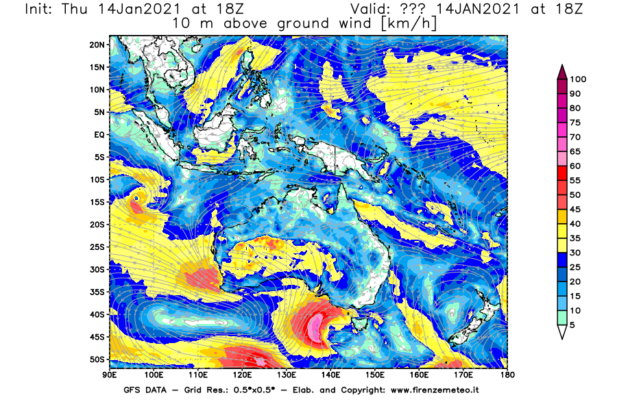Mappa di analisi GFS - Velocità del vento a 10 metri dal suolo [km/h] in Oceania
									del 14/01/2021 18 <!--googleoff: index-->UTC<!--googleon: index-->