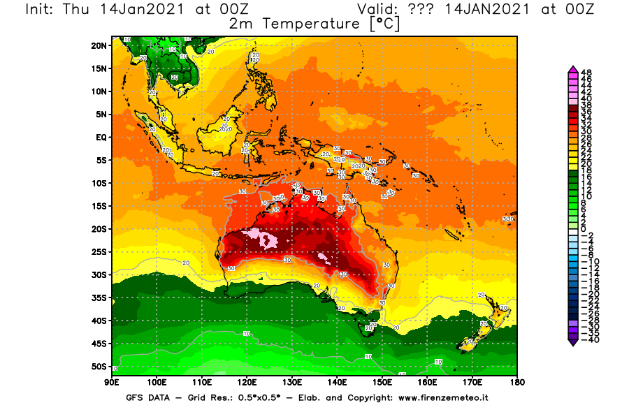 Mappa di analisi GFS - Temperatura a 2 metri dal suolo [°C] in Oceania
									del 14/01/2021 00 <!--googleoff: index-->UTC<!--googleon: index-->
