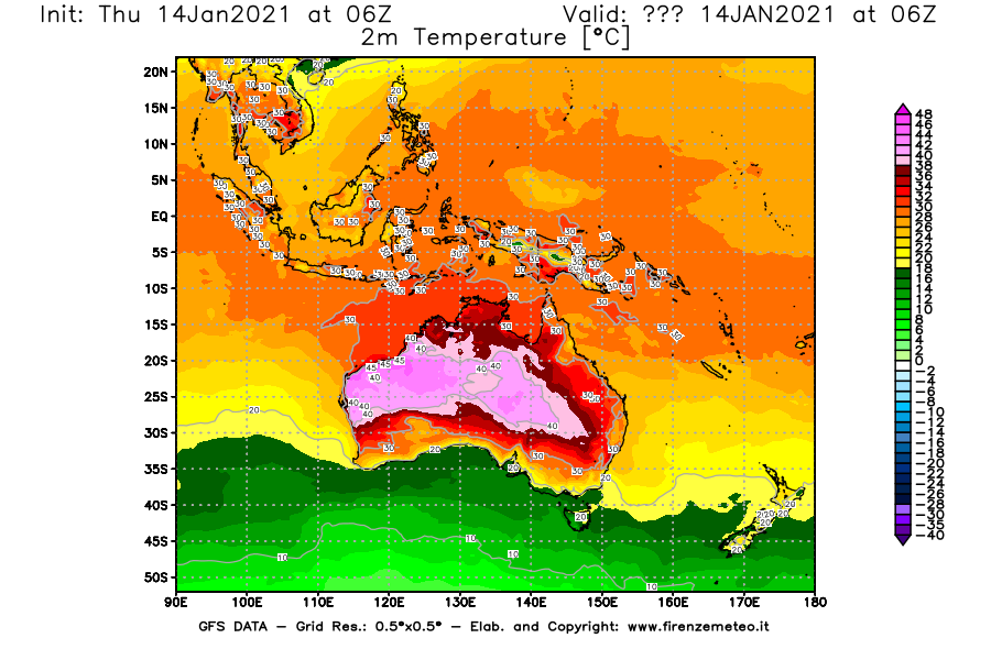 Mappa di analisi GFS - Temperatura a 2 metri dal suolo [°C] in Oceania
									del 14/01/2021 06 <!--googleoff: index-->UTC<!--googleon: index-->