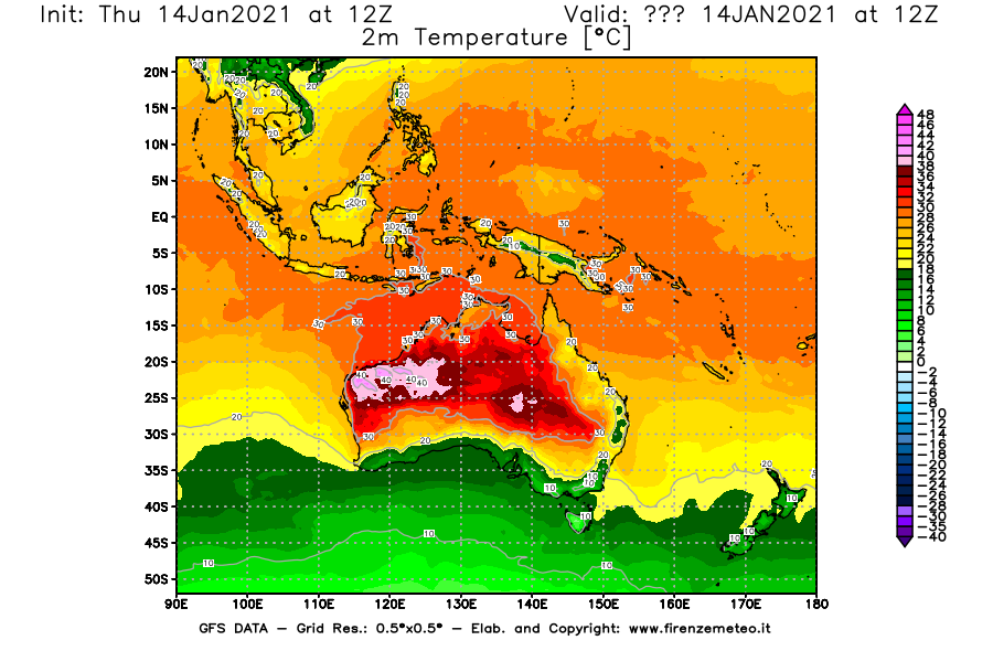 Mappa di analisi GFS - Temperatura a 2 metri dal suolo [°C] in Oceania
							del 14/01/2021 12 <!--googleoff: index-->UTC<!--googleon: index-->