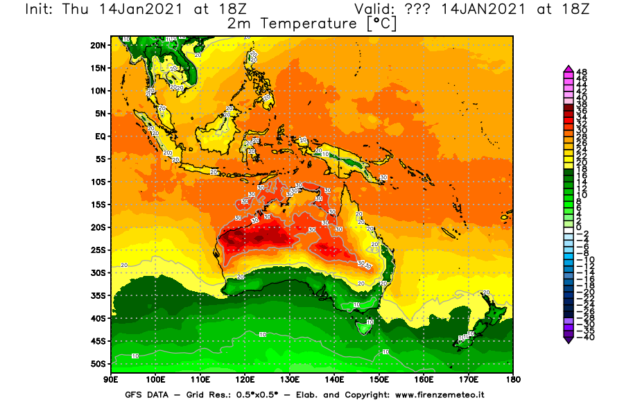 Mappa di analisi GFS - Temperatura a 2 metri dal suolo [°C] in Oceania
							del 14/01/2021 18 <!--googleoff: index-->UTC<!--googleon: index-->