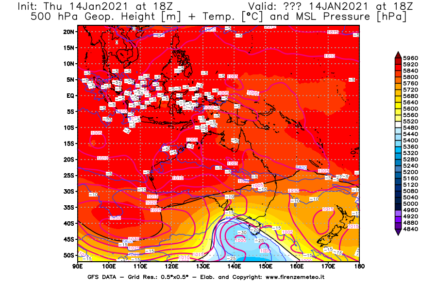 Mappa di analisi GFS - Geopotenziale [m] + Temp. [°C] a 500 hPa + Press. a livello del mare [hPa] in Oceania
									del 14/01/2021 18 <!--googleoff: index-->UTC<!--googleon: index-->