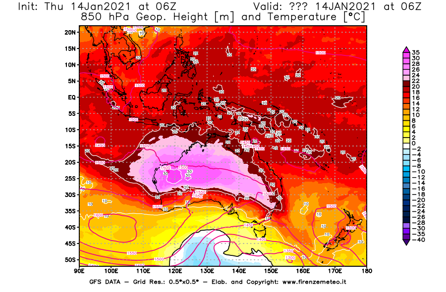 Mappa di analisi GFS - Geopotenziale [m] e Temperatura [°C] a 850 hPa in Oceania
							del 14/01/2021 06 <!--googleoff: index-->UTC<!--googleon: index-->