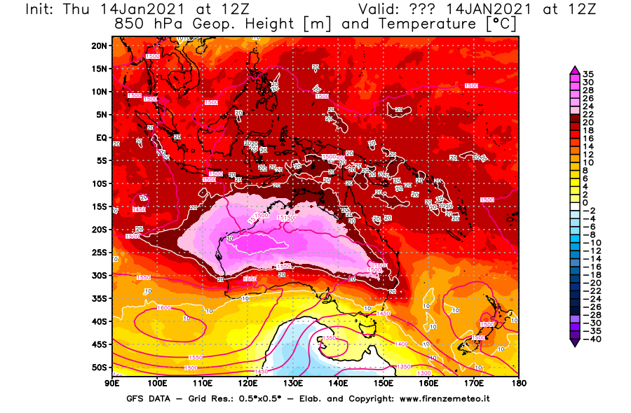 Mappa di analisi GFS - Geopotenziale [m] e Temperatura [°C] a 850 hPa in Oceania
							del 14/01/2021 12 <!--googleoff: index-->UTC<!--googleon: index-->