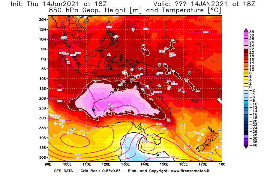 Mappa di analisi GFS - Geopotenziale [m] e Temperatura [°C] a 850 hPa in Oceania
							del 14/01/2021 18 <!--googleoff: index-->UTC<!--googleon: index-->