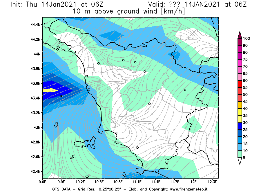 Mappa di analisi GFS - Velocità del vento a 10 metri dal suolo [km/h] in Toscana
									del 14/01/2021 06 <!--googleoff: index-->UTC<!--googleon: index-->